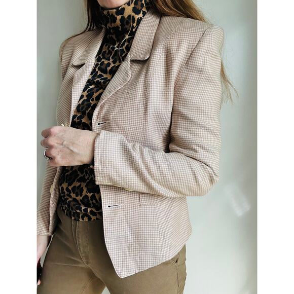 90s Vintage Blazer Tailored Size Small Tan and Pink houndstooth Print ESprit - Picture 10 of 10